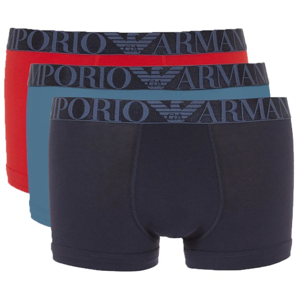 Emporio Armani 3er Set Stretch Cotton Trunk, Rot / Marine / Hellblau